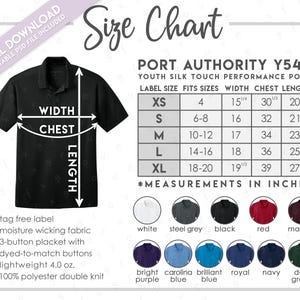 Semi-Editable Port Authority Y540 Size + Color Chart • Port Authority Youth Silk Touch Performance Polo • Port Authority Y 540