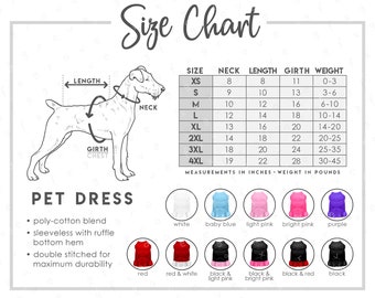 ペットドレスのサイズとカラーチャート • 11色 • 犬用ドレスのサイズ