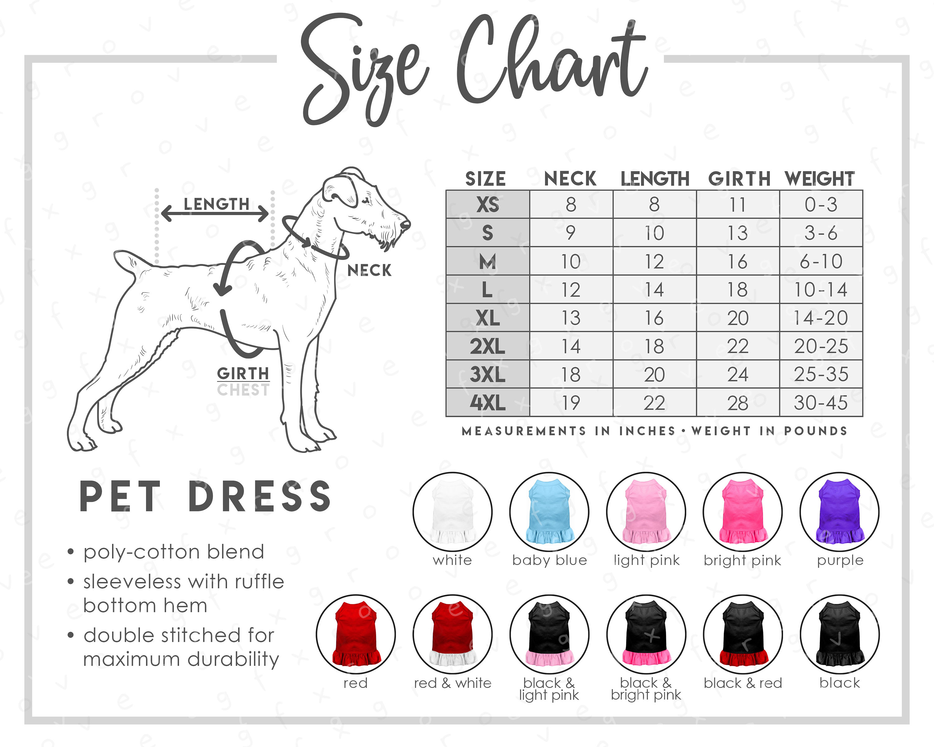 Pet Dress Size Color Chart 11 COLORS Dog Dress Size Chart Dog Dress Color Chart