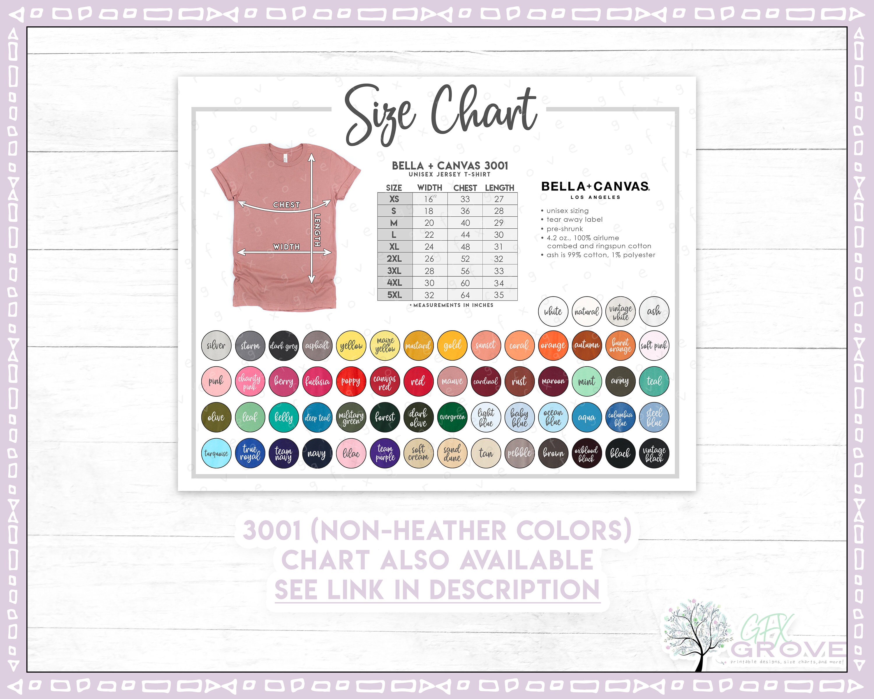 Bella Canvas 3001CVC Size Color Chart ALL 61 COLORS Etsy
