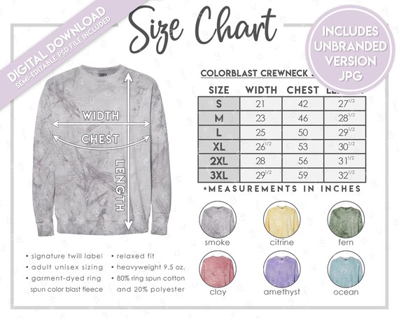 Semi editable Comfort Colors 1545 Size Color Chart Colorblast