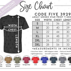 May include: A black unisex star print t-shirt with a size chart. The chart lists measurements in inches for sizes S to 3XL. The shirt is available in various colors, including natural heather, coyote brown, and red.