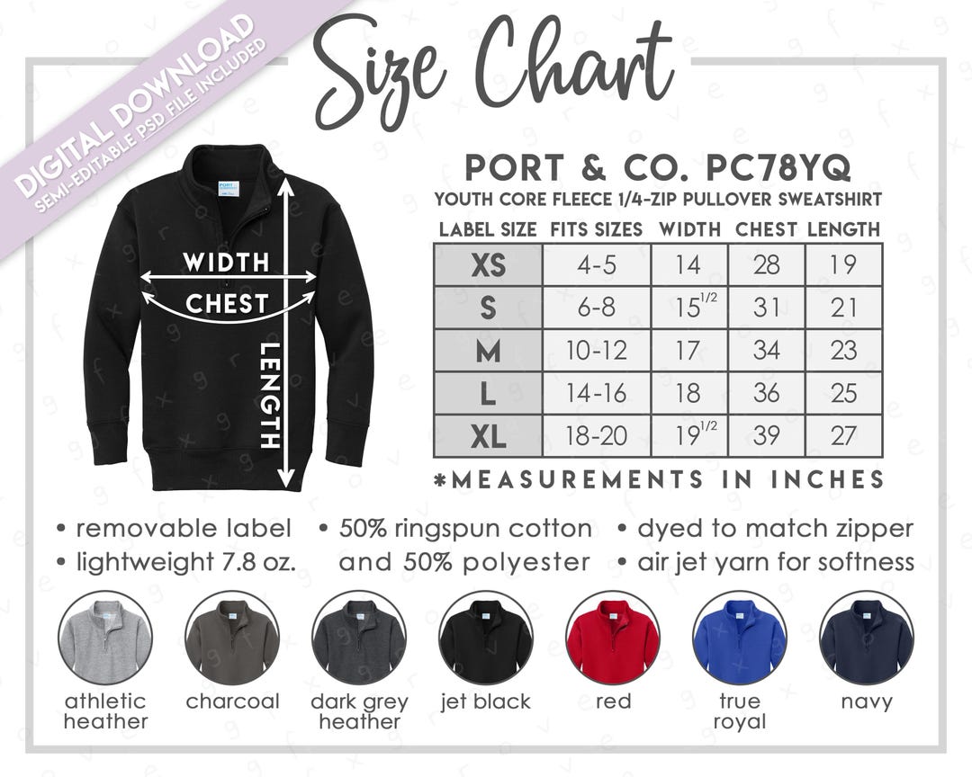 Semi-editable Port & Company PC78YQ Size + Color Chart • Youth