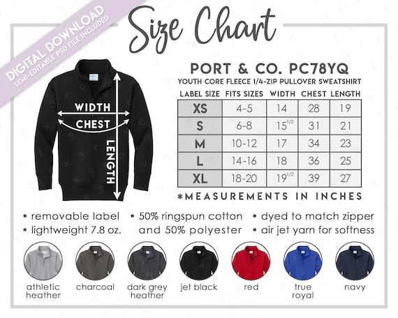 Semi-editable Port & Company PC78YQ Size + Color Chart • Youth