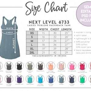 Semi-Editable Next Level 6733 Size + Color Chart •  Next Level Triblend Racerback Tank Size Chart • Next Level Tank Top Size Chart • NL6733