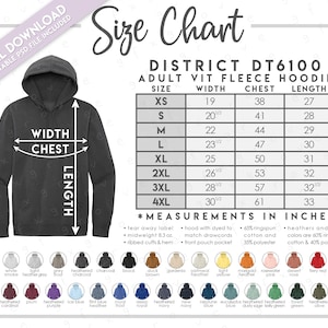 Semi-Editable District DT6100 Size + Color Chart • District Unisex VIT Fleece Hoodie Size Chart • DT 6100 Size Chart