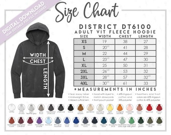Semi-Editable District DT6100 Size + Color Chart • District Unisex VIT Fleece Hoodie Size Chart • DT 6100 Size Chart