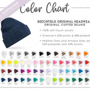 Gráfico de cores de gorros originais Beechfield semi-editáveis com punho original • Gráfico de cores de gorros adultos