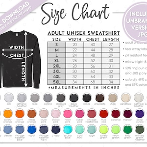 May include: Size chart for adult unisex sweatshirts with measurements in inches for width, chest, and length. The chart includes sizes S through 5XL. The chart also includes information about the fabric composition and weight of the sweatshirts.