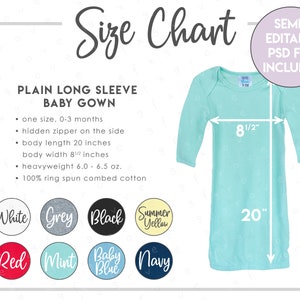 Semi-Editable ARB Blanks Unisex Plain Long Sleeve Baby Gown Size + Color Chart • Unisex Baby Gown Size Chart • PSD