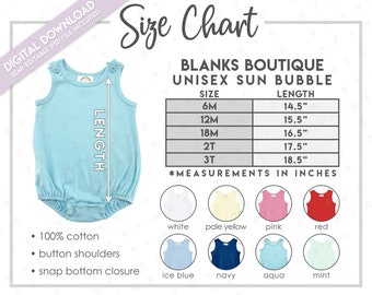 Semi-editable Blanks Boutique Unisex Sun Bubble Größe + Farbtabelle • Baby Bubble Size Chart • Baby Bubble Color Chart