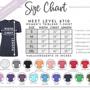 Semi-Editable Next Level 6710 Size + Color Chart • Next Level Women&#39;s Triblend T-Shirt Size Chart • NL6710