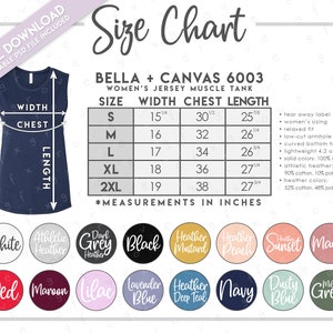 Tabla de tallas y colores semieditable Bella + Canvas 6003 • Tabla de tallas de camisetas sin mangas sin mangas para damas Bella Canvas • Tabla de tallas B6003 • Tabla de colores B6003