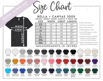 Semi-Editable Bella + Canvas 3005 Size + Color Chart (Includes 3005CVC Colors) • Bella Canvas V-Neck T-Shirt • 3005 Color Chart • BC3005