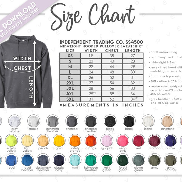 Ss4500 Independent Trading Co Size Chart - Etsy