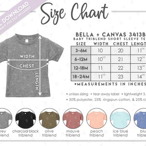 Tabla de tallas y colores semieditable Bella + Canvas 3413B • Tabla de tallas de camisetas de manga corta triblend para bebé Bella Canvas • Bella Canvas 3413 B
