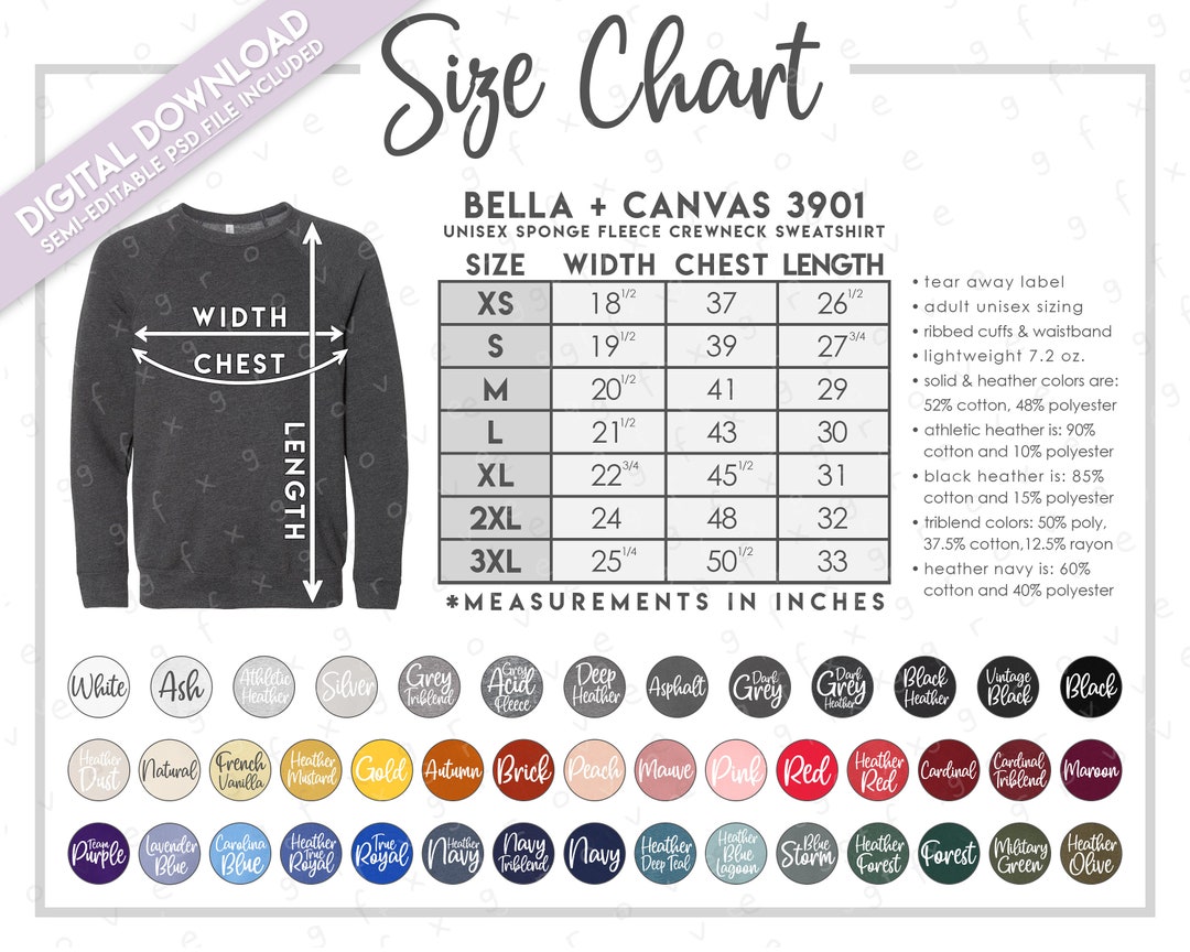 Semi-editable Bella Canvas 3901 Size Color Chart Bella Canvas Sponge ...