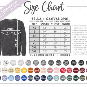Tabla de tallas y colores Bella + Canvas 3901 semieditable • Tabla de tallas de sudadera de polar esponjoso Bella Canvas • Tabla de colores Bella Canvas 3901