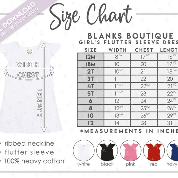 Semi-Editable Blanks Boutique Girl's Flutter Sleeve Dress Size + Color Chart • Blanks Boutique Girl's Dress Size Chart