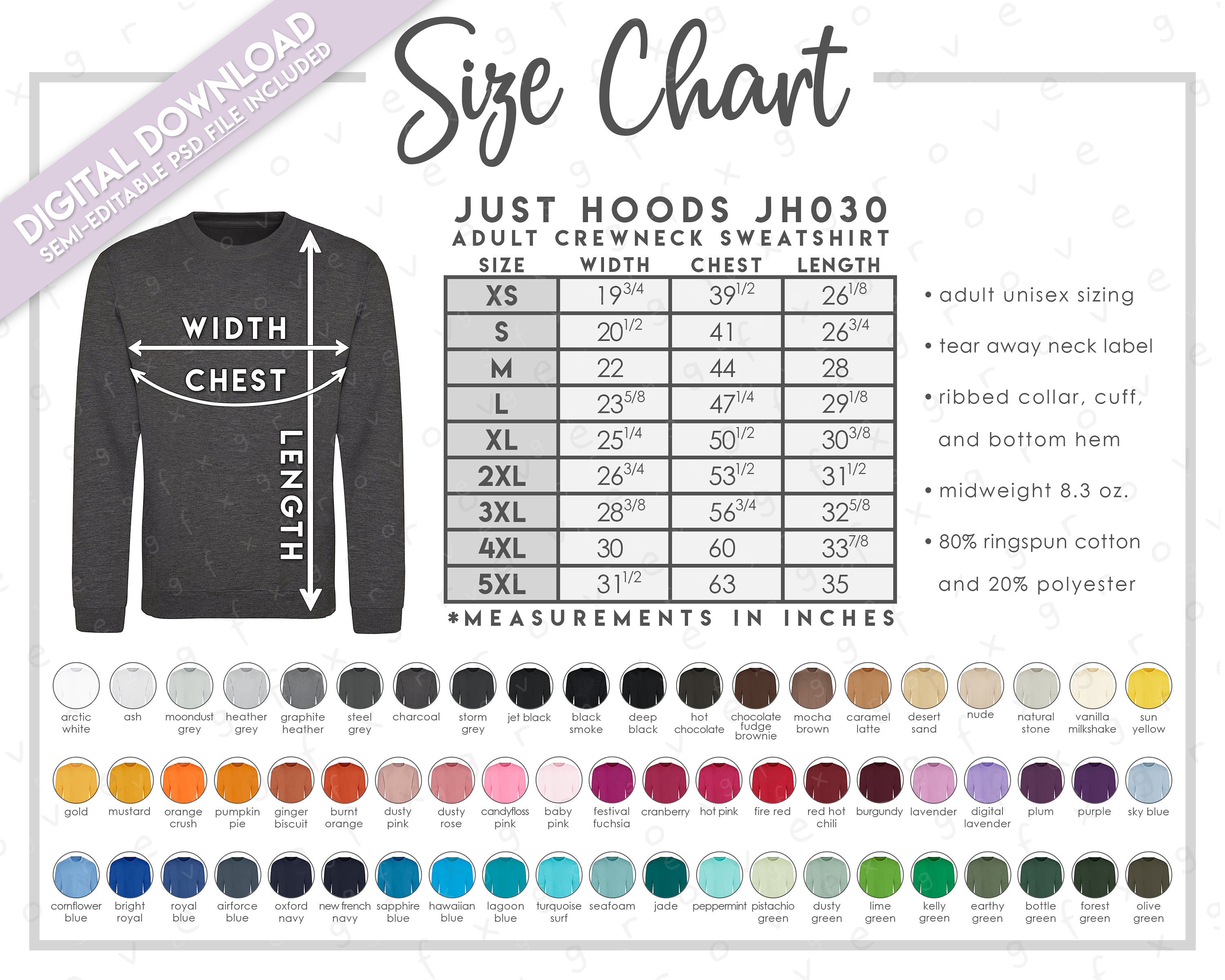 Semi-editable Just Hoods by Awdis JH030 Size + Color Chart Semi-editable Just Hoods by Awdis JH030 Size + Color Chart