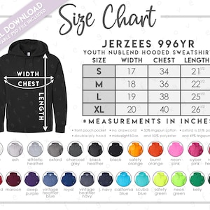 Semi-Editable Jerzees 996YR Size + Color Chart • Jerzees Youth Hooded Sweatshirt Size Chart • Jerzees 996YR Color Chart