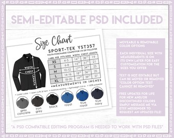 Semi-editable Sport-tek YST357 Size Chart + Color Chart