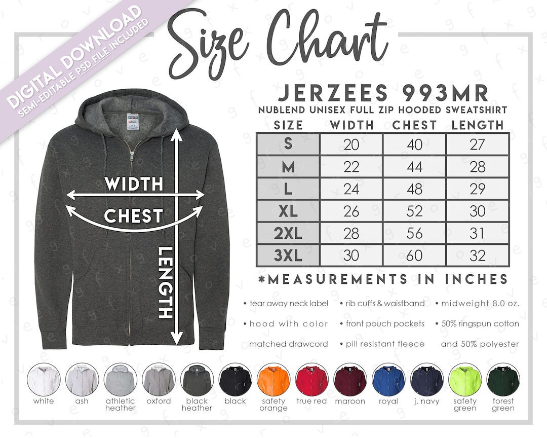 Semi-editable Jerzees 993MR Size + Color Chart • Jerzees Nublend
