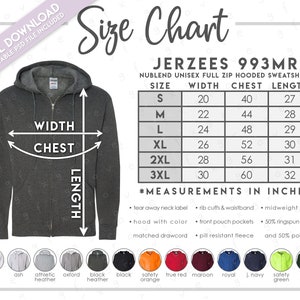 Semi-Editable Jerzees 993MR Size + Color Chart • Jerzees Nublend Full Zip Hooded Sweatshirt Size Chart • Jerzees Zip Hoodie Color Chart