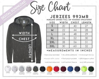 Semi-Editable Jerzees 993MR Size + Color Chart • Jerzees Nublend Full Zip Hooded Sweatshirt Size Chart • Jerzees Zip Hoodie Color Chart
