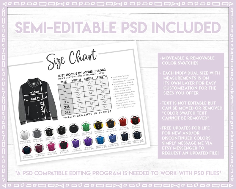 Semieditable Just Hoods by Awdis JHA043 Size Color Chart Etsy