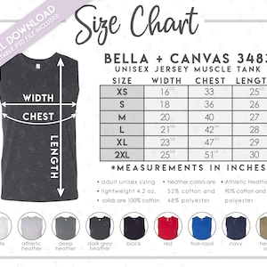 Semi-Editable Bella + Canvas 3483 Size + Color Chart • Bella Canvas Unisex Jersey Muscle Tank Size Chart • BC3483 Size Chart • BC3483