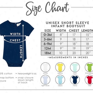 Blanks Boutique Unisex Short Sleeve Infant Bodysuit Size + Color Chart • 8 COLORS • Baby Bodysuit Size Chart • Baby Bodysuit Color Chart