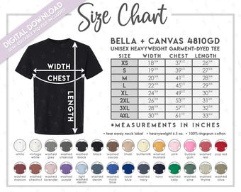 Bella Canvas 4810GD Size Chart & Color Guide • Garment Dyed T-Shirt • Semi-Editable PSD (Digital Download)