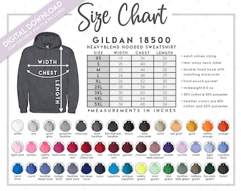 Puede incluir: Una tabla de tallas para sudadera con capucha Gildan 18500 con una ilustración de sudadera gris oscuro y flechas de medición. Incluye una tabla de tallas en pulgadas, detalles del producto y una paleta de 50 opciones de color.
