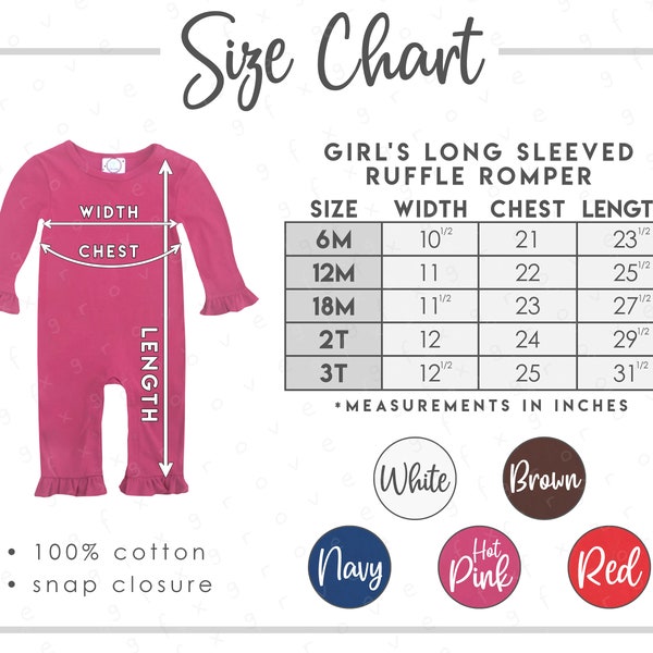 Blanks Boutique Girl's Long Sleeve Ruffle Romper Size + Color Chart • Ruffle Romper Size Chart • Ruffle Romper Color Chart