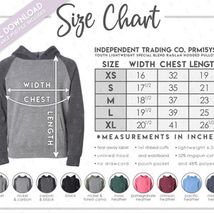 May include: Size chart for a youth lightweight hooded pullover with a raglan design. The chart shows measurements in inches for width, chest, and length for sizes XS, S, M, L, and XL. The pullover is available in a variety of colors, including nickel, carbon & black, black, nickel & forest camo, moss heather, pomegranate heather, crimson heather, pacific heather, and midnight heather.