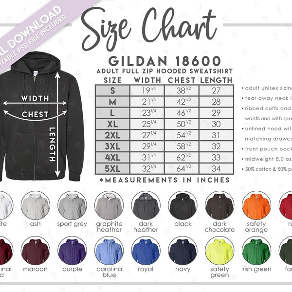 Semi-Editable Gildan 18600 Size + Color Chart • Gildan Full Zip Hooded Sweatshirt Size Chart • Gildan Zip Hoodie Colors • G186 Size Chart