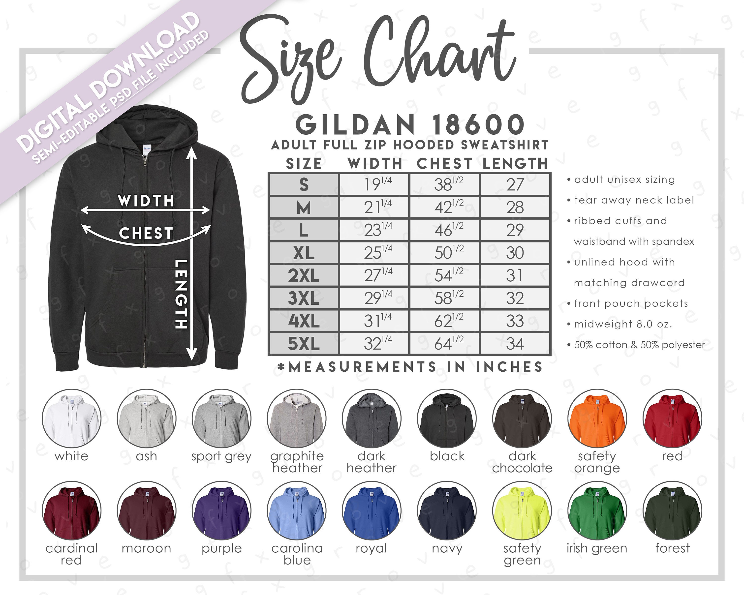 Semi-editable Gildan 18600 Size Color Chart Gildan Full Zip Hooded  Sweatshirt Size Chart Gildan Zip Hoodie Colors G186 Size Chart 