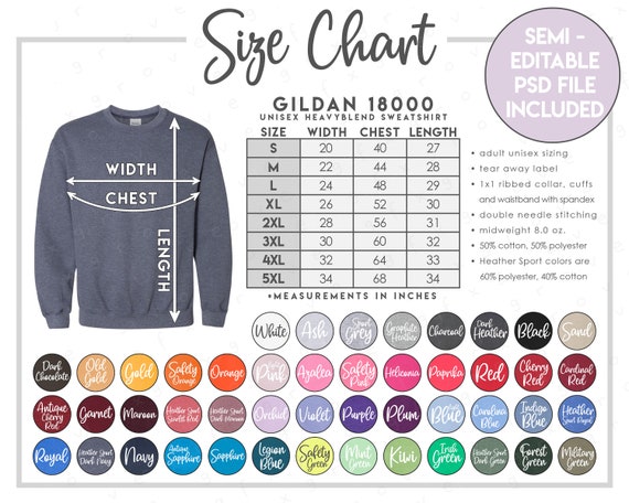 Semi-editable G180 Size Chart Color Chart 18000 Sweatshirt - Etsy Australia