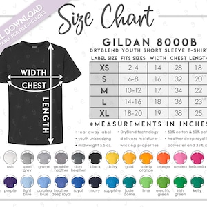 Tabla de tallas 8000B semieditable + Tabla de colores • Tabla de tallas de camisetas DryBlend para jóvenes 8000B • Tabla de colores G800B • Tabla de tallas G800B