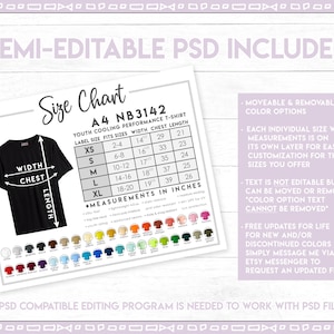 May include: Size chart for youth cooling performance t-shirts. The chart shows label size, fits sizes, width, chest, and length in inches. The chart also includes a color palette with various colors. The text "Semi-Editable PSD Included" is at the top of the chart. The text "A PSD compatible editing program is needed to work with PSD files" is at the bottom of the chart.