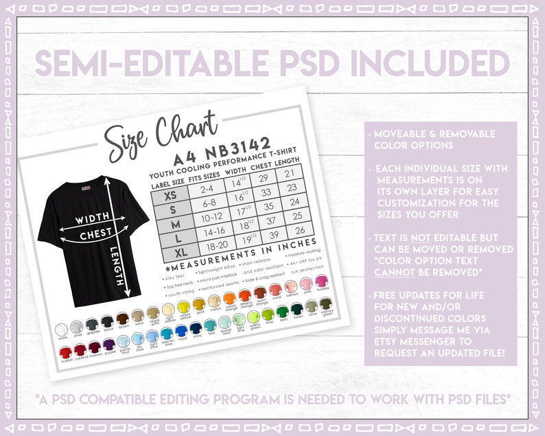 May include: Size chart for youth cooling performance t-shirts. The chart shows label size, fits sizes, width, chest, and length in inches. The chart also includes a color palette with various colors. The text "Semi-Editable PSD Included" is at the top of the chart. The text "A PSD compatible editing program is needed to work with PSD files" is at the bottom of the chart.