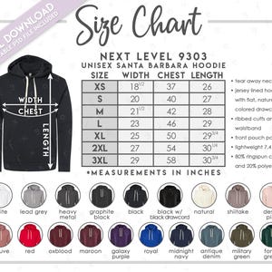 Puede incluir: Tabla de tallas para una sudadera con capucha unisex Santa Barbara, que muestra las medidas en pulgadas para las diferentes tallas de XS a 3XL. La tabla incluye las medidas de ancho, pecho y largo. La sudadera con capucha está disponible en una variedad de colores, incluyendo blanco, gris plomo, metal pesado, negro grafito, negro, negro con cordón negro, natural, shiitake, rosa desierto, malva, rojo, sangre de buey, marrón, morado galaxia, azul real, azul marino, denim antiguo, verde militar y verde bosque.