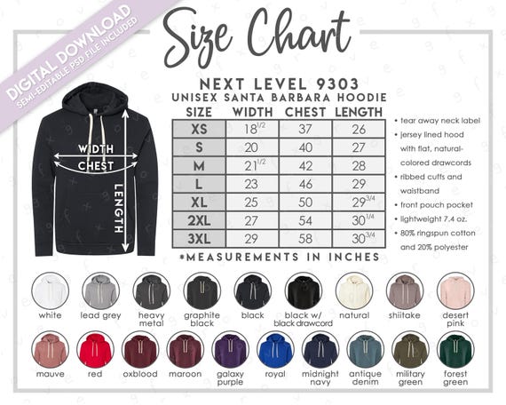 Semi-editable Next Level 9303 Size + Color Chart • Next Level