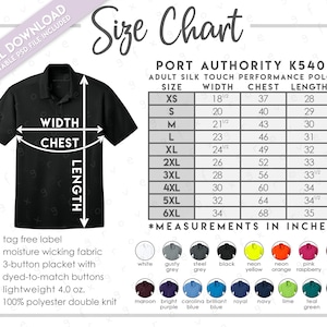 Semi-Editable Port Authority K540 Size + Color Chart • Port Authority Silk Touch Performance Polo • Port Authority K 540