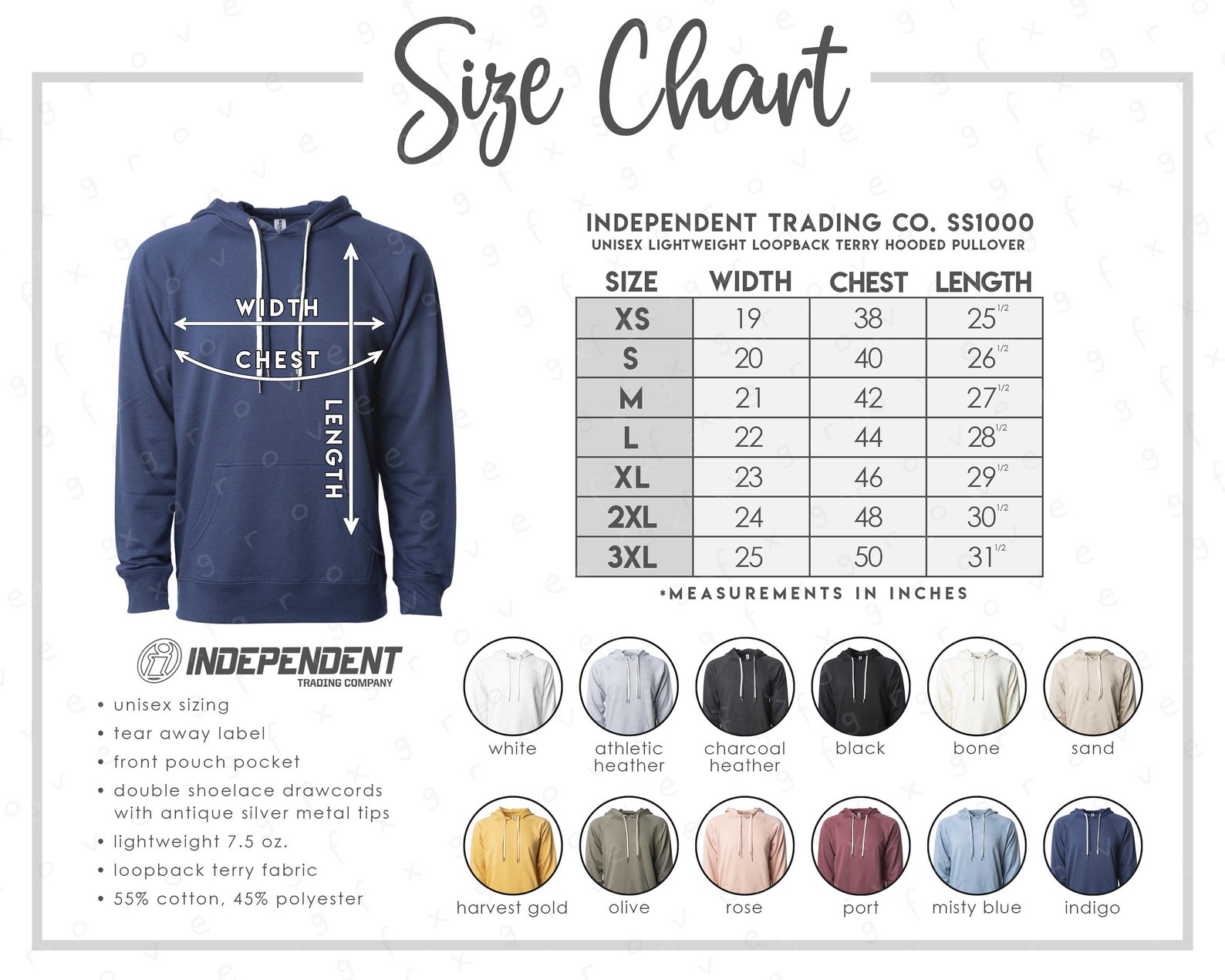 Independent Trading Co. SS1000 Size Color Chart 12 COLORS | Etsy