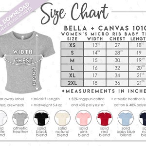 Tabla de tallas y colores Bella + Canvas 1010 semieditable • Tabla de tallas de camisetas de bebé con microcanalé para mujer de Bella Canvas • Tabla de colores BC1010