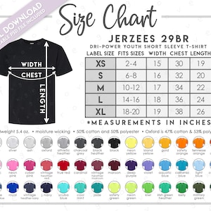 Semi-Editable Jerzees 29BR Size + Color Chart • Jerzees Dri Power Youth Short Sleeve T-Shirt Size Chart • Jerzees 29BR Color Chart
