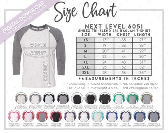 Semi-Editable Next Level 6051 Size + Color Chart • Next Level Size Chart • Next Level Baseball Tee Size Chart • NL6051 • 6051 Color Chart