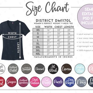 Tabla de tallas y colores semieditable District DM1170L • Tabla de tallas de camisetas de cuello en V de peso perfecto para mujer de District • Tabla de tallas DM 1170L